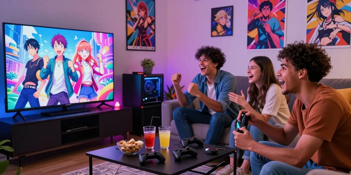 Friends enjoying a gay hentai game in a lively living room with bright colors and gaming setup.