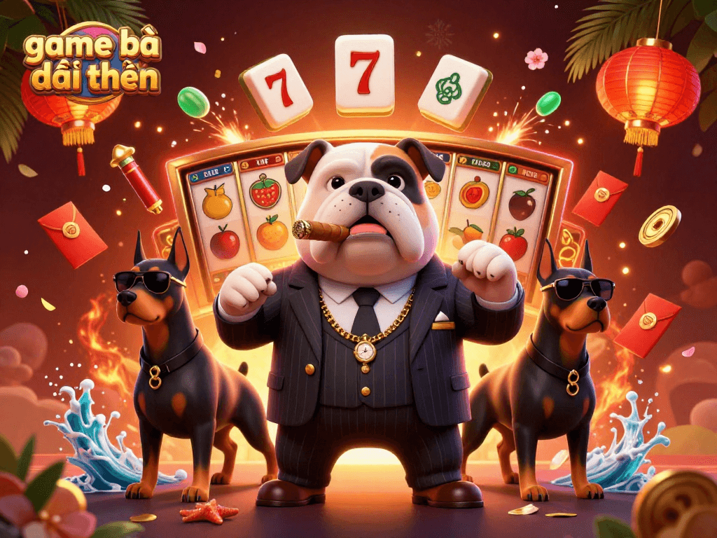 Play game bài đổi thưởng with animated mafia boss, luxurious design and casino elements.