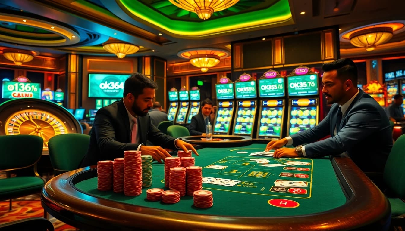 Enjoying games at https://ok365a.biz/ with professional gamblers at a luxurious poker table.