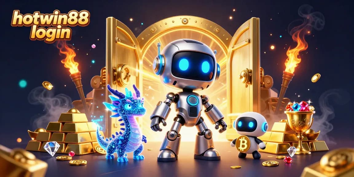 Experience fast access with hotwin88 login in a vibrant 3D casino scene filled with treasures and gaming elements.