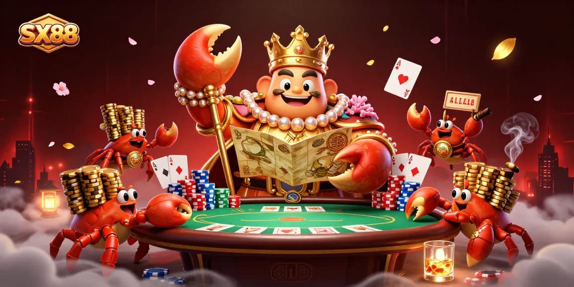 SX88 engages players with a vibrant, 3D scene featuring the golden crab emperor and poker elements.