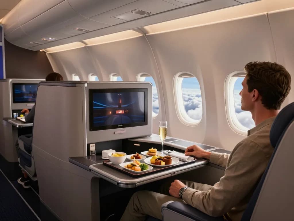 Premium travel experience aboard a Boeing 787-9P Dreamliner, featuring spacious Flagship Suites and gourmet dining.