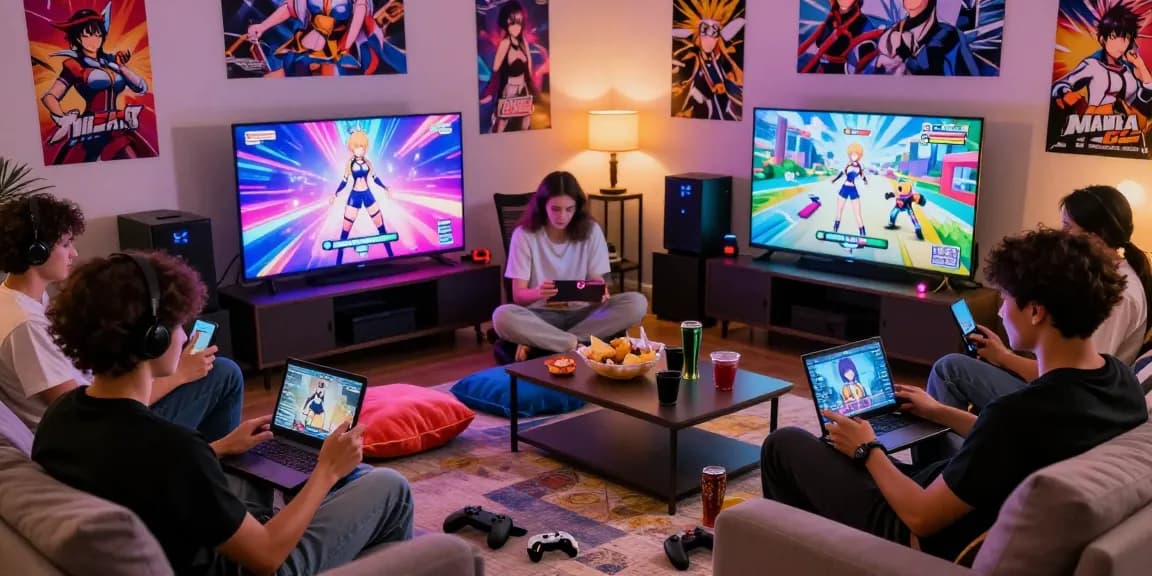 Gamers enjoying ecchi games in a cozy living room, vibrant atmosphere with devices and snacks.