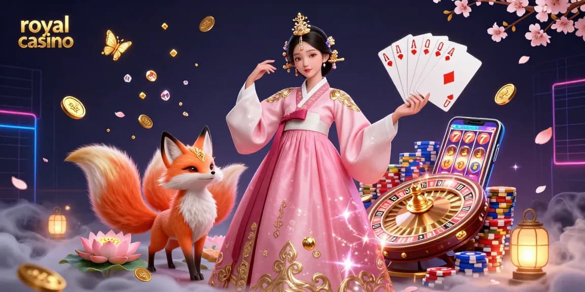 Experience the thrill of the royal casino with a vibrant scene of games, coins, and a lucky fox.