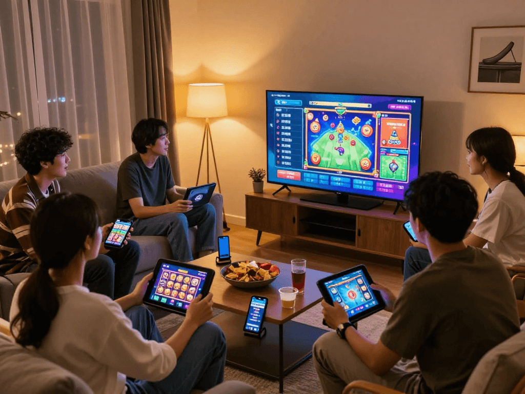 Teman-teman bersenang-senang bermain slot online di ruang tamu, menampilkan pengalaman coloksgp yang interaktif dan menyenangkan.