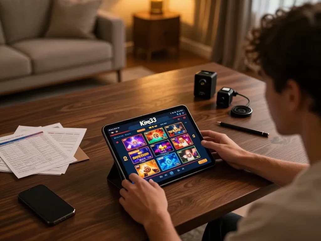 king33 user enjoying a dynamic online casino experience on tablet with vibrant game selection