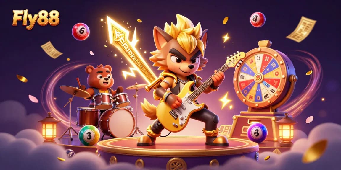 Experience the excitement of casino gaming with Fly88, showcasing a dynamic cartoon rock star and bear on stage.
