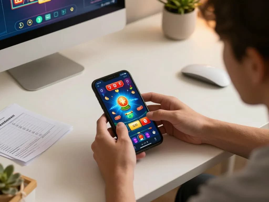 Pemain menikmati Situs Judi Online di perangkat mobile, terlibat dalam permainan strategis dengan grafik berwarna-warni.