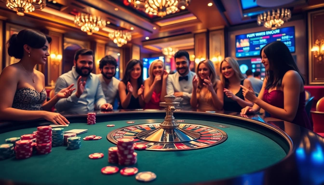 Experience the excitement of gambling at fun79.today's vibrant casino tables with colorful chips and engaged players.