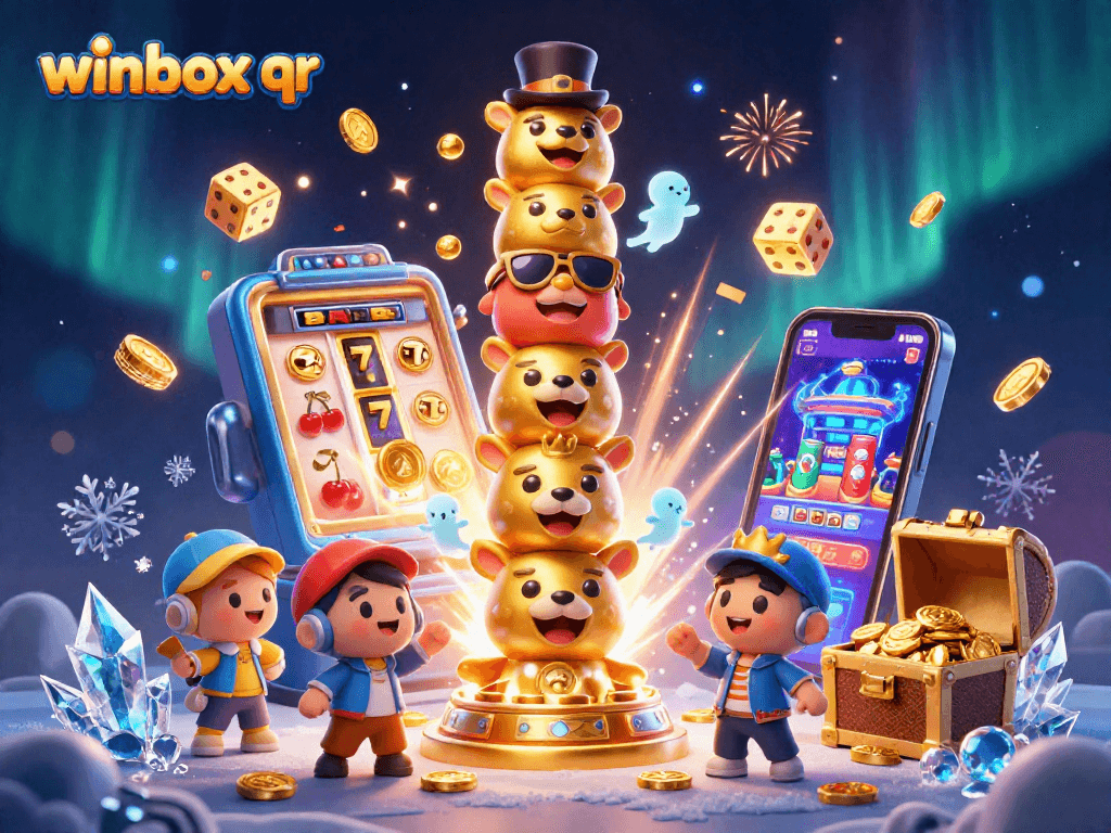 Winbox QR: Enchanting 3D casino illustration bursting with vibrant slot machine action.