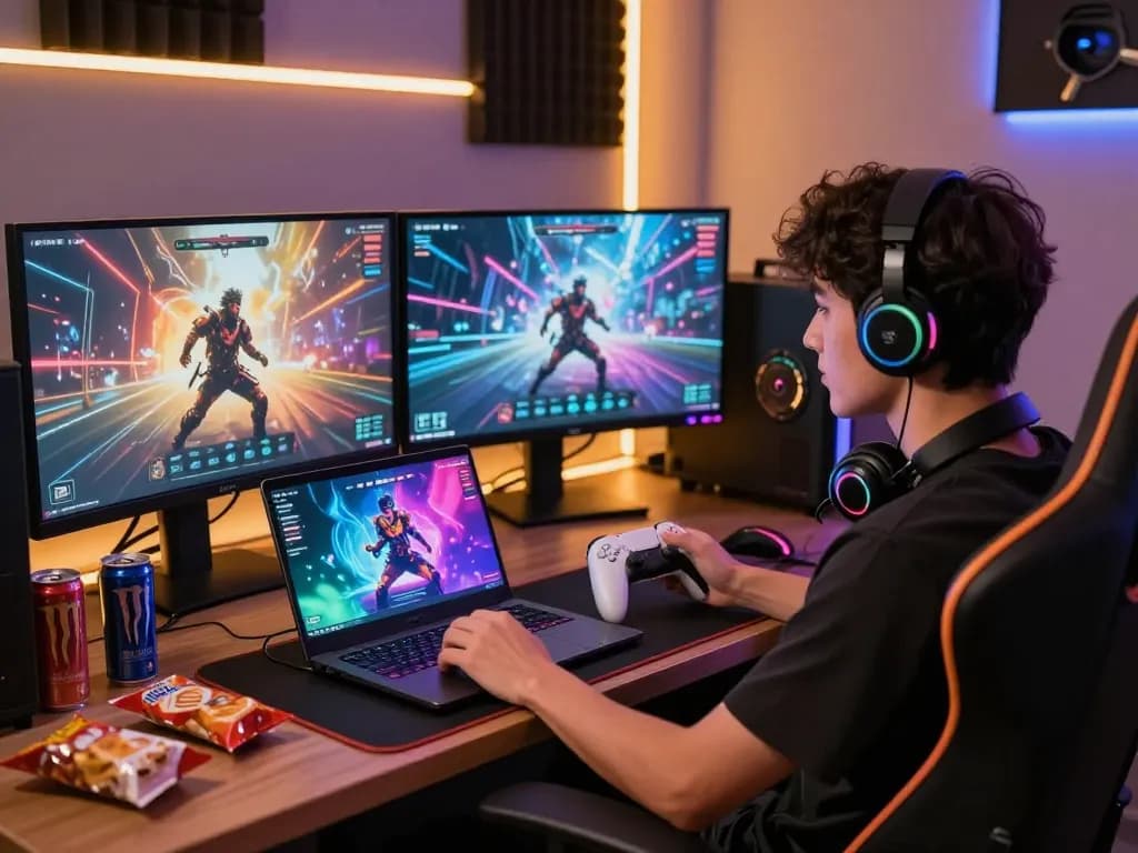 Engaging NSFW AI interaction scene with a player gaming in a modern setup