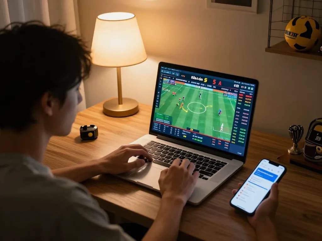 Kèo nhà cái 5 overview with a user analyzing sports odds on a laptop while placing bets on a mobile device