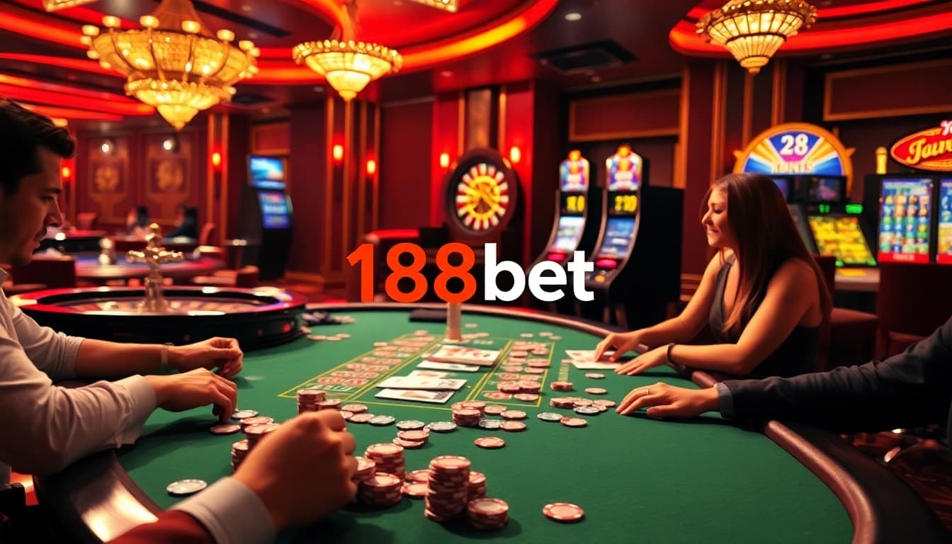 Players enjoying the excitement of 188bet at a casino table, with cards and chips in action.