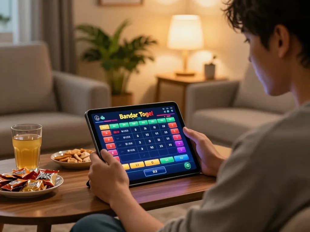 Pemain yang menarik menikmati permainan bandar togel online di setup tablet yang nyaman, menyoroti taruhan strategis.