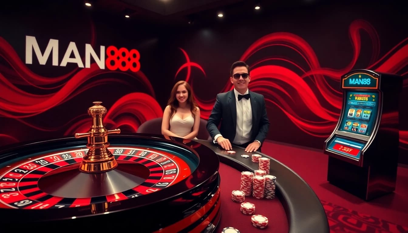 Engaged players enjoying the thrilling experience of Man88 online casino games with vibrant roulette wheels and poker chips.