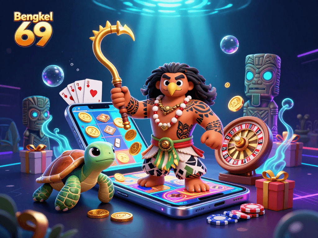 Engage with thrilling slots at Bengkel 69 featuring Polynesian demigod and vibrant game elements.
