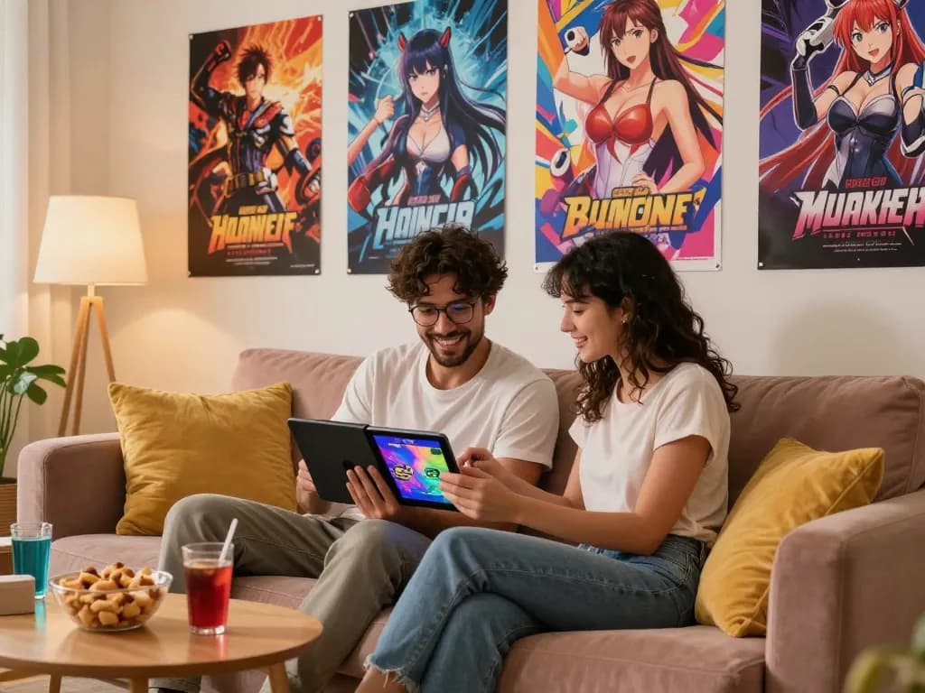 Couple immersed in playful porngames on a cozy tablet setup amidst colorful decor.