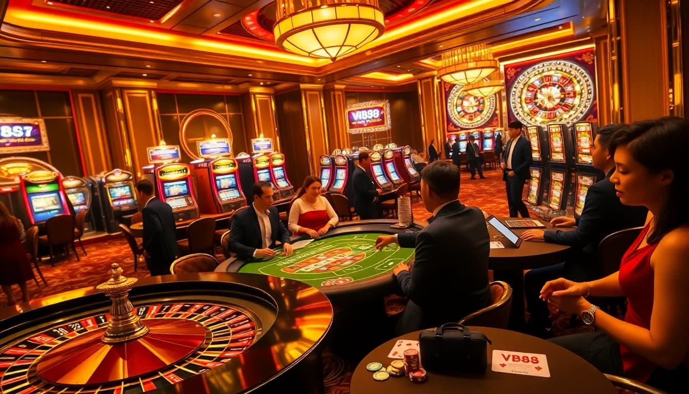 Players celebrating a win with VB88 poker chips on a luxurious casino floor.