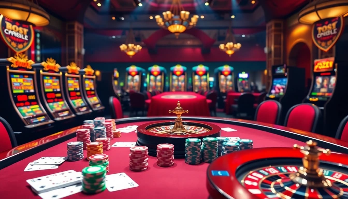 Experience the thrill of online gambling at Trang Chủ GOD55 with luxurious poker tables and vibrant slot machines.