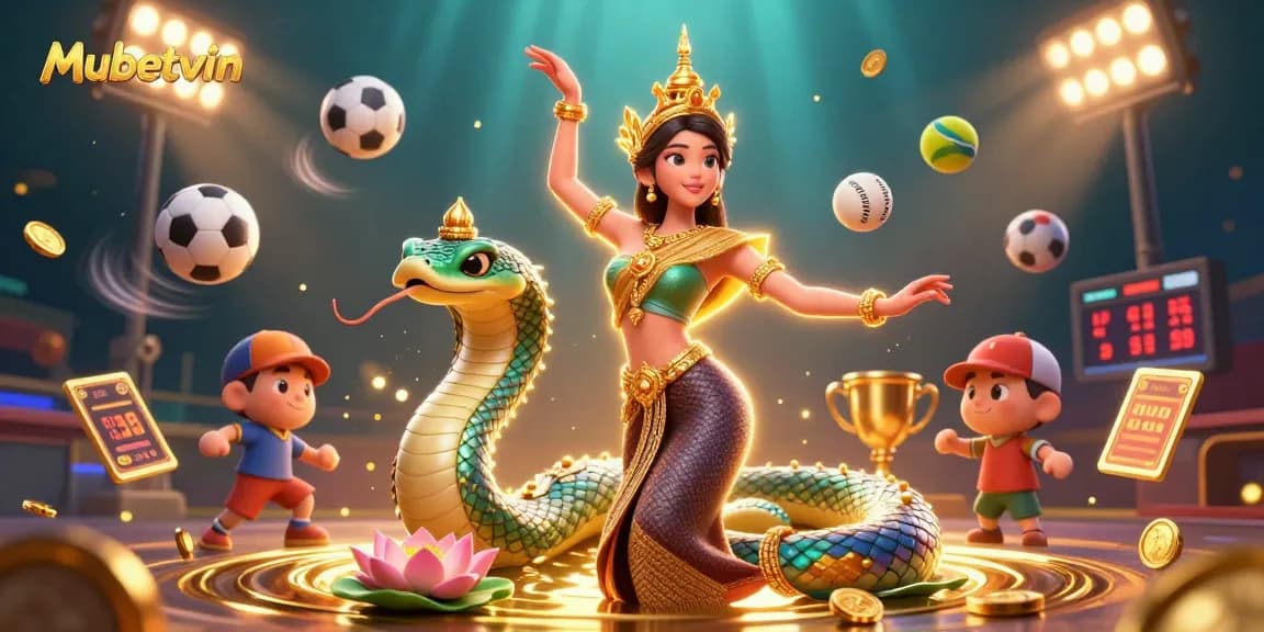 Mubetvin showcases a vibrant casino scene with an Asian dancer and Naga serpent amid dynamic sports elements.