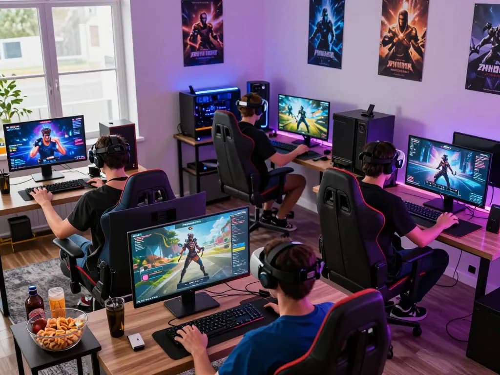 Diverse players enjoying engaging html porn games in a lively home gaming environment.