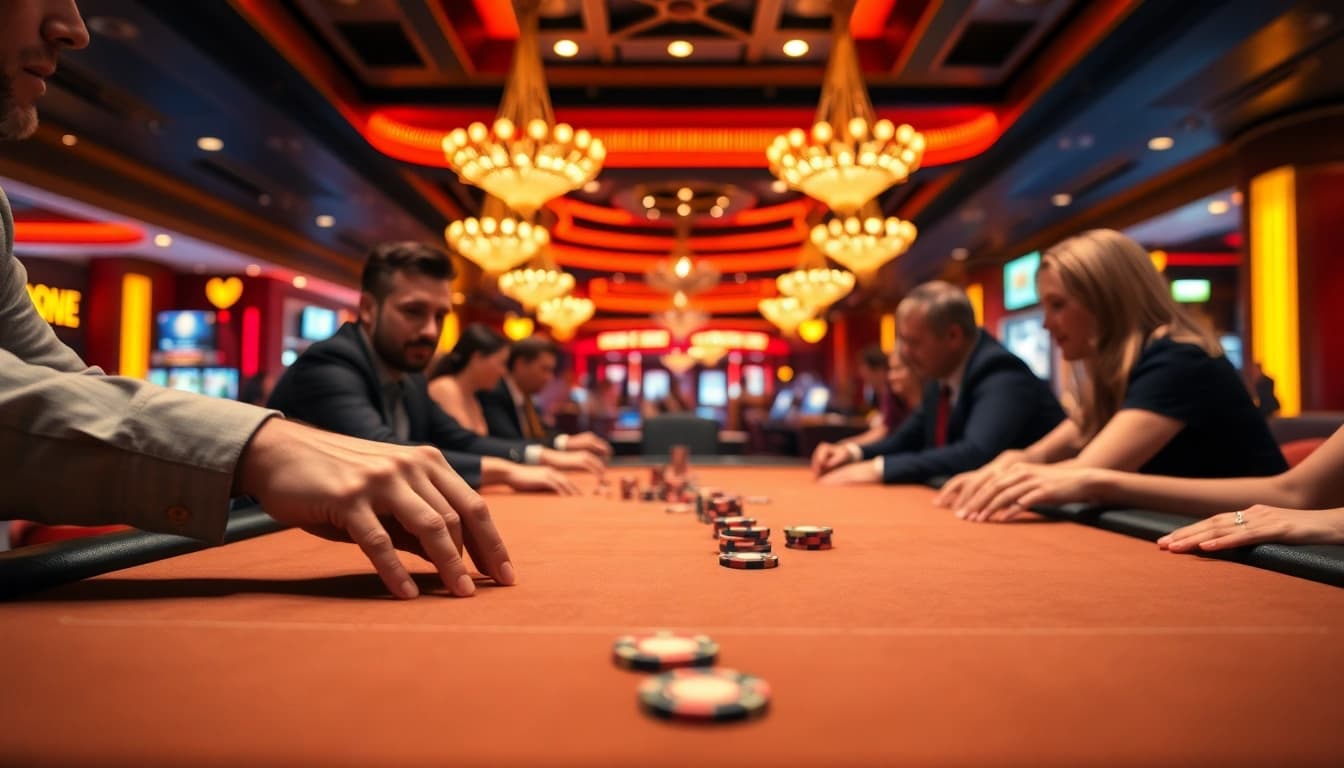 Menang dalam permainan ARAHTOGEL di meja poker kasino yang ceria dan ramai.