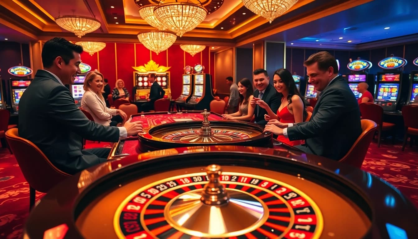 Players enjoying a thrilling F8BET experience at an elegant casino table