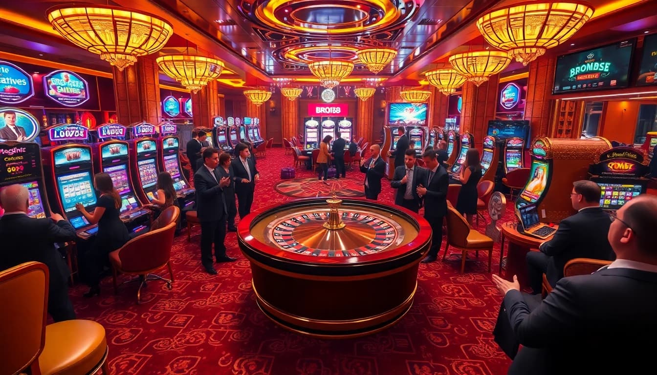 Experience BRO138 excitement at a luxurious casino with vibrant slot machines and a spinning roulette wheel.