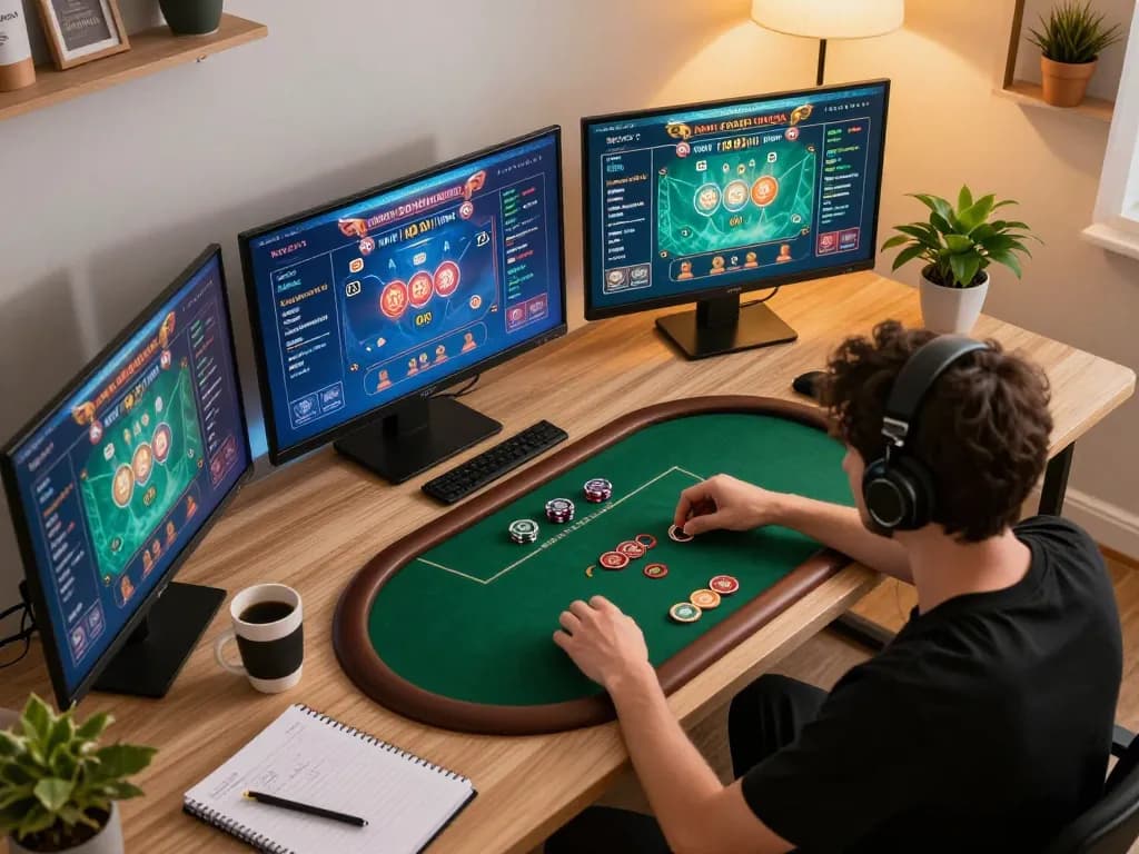 Engaged player strategizing poker bets online at sc88 with multiple screens.