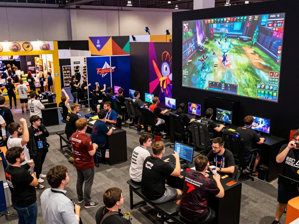 Exciting atmosphere at the Games Tours Festival with crowds, esports, and game showcases at https://www.gamestoursfestival.com/programme/.