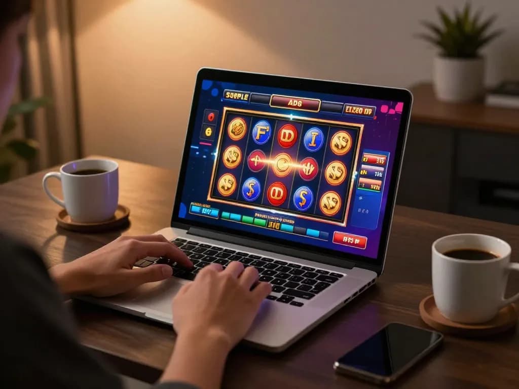 Engaging in a thrilling online slot game at luck88com on a stylish home desk.
