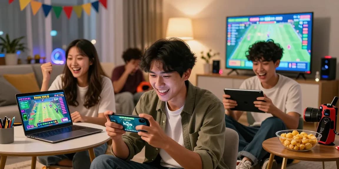 Engaging Raja Game login scene showcasing players enjoying the game on various devices in a lively living room atmosphere.