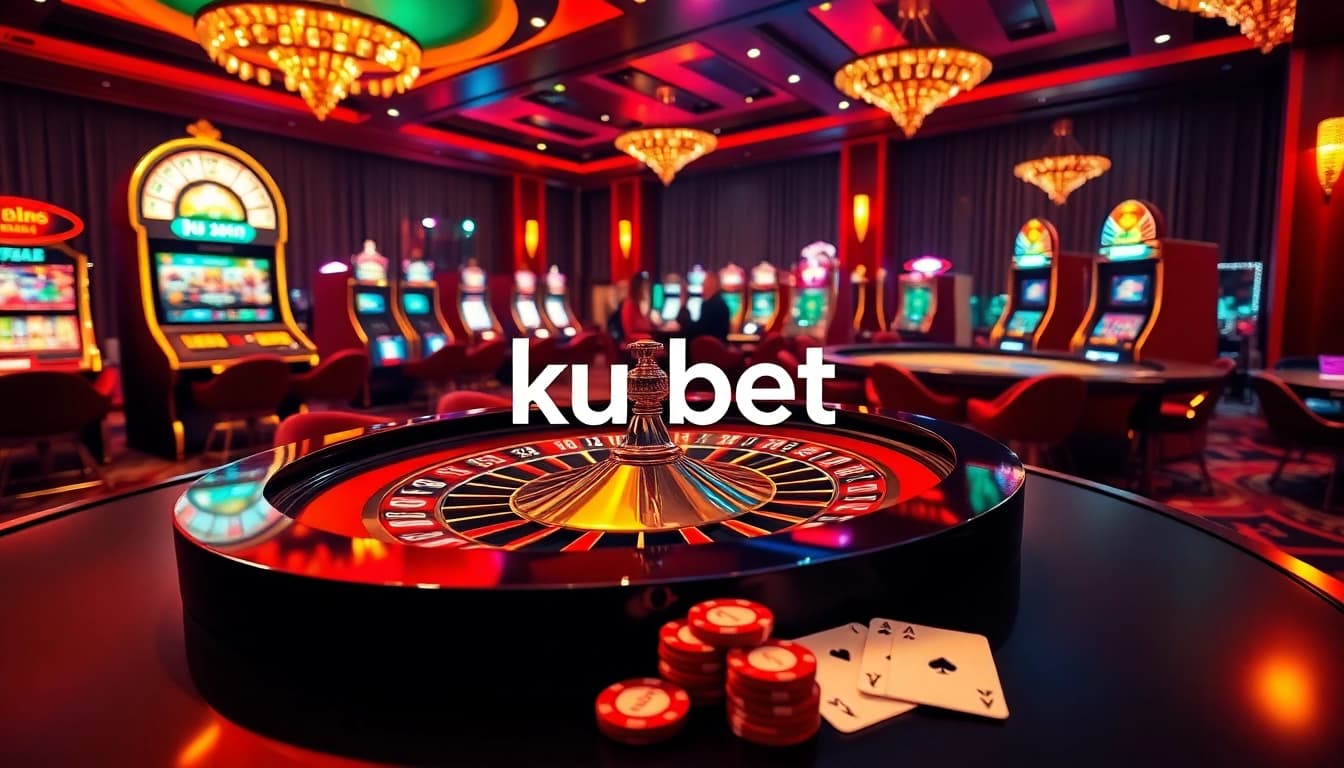 Experience excitement with ku bet in a luxurious casino setting featuring roulette and slot machines.
