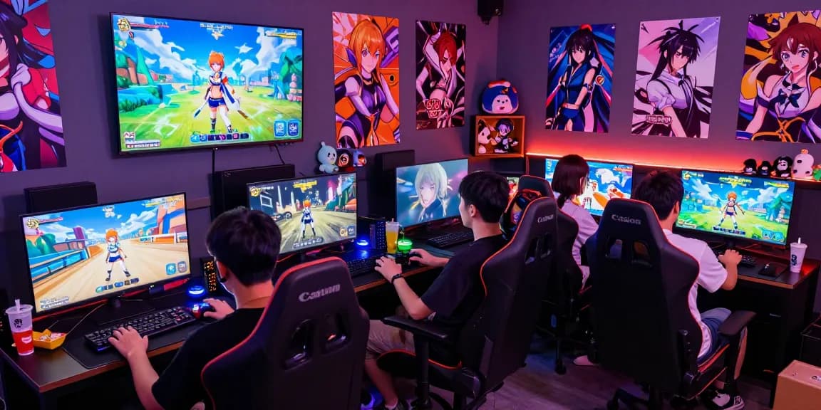 Players immersed in exciting hentai games in a vibrant gaming lounge with colorful graphics and lively atmosphere.