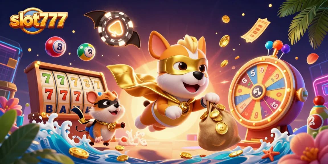 Experience the excitement of slot777 with a superhero dog and hamster flying amidst dynamic casino elements.