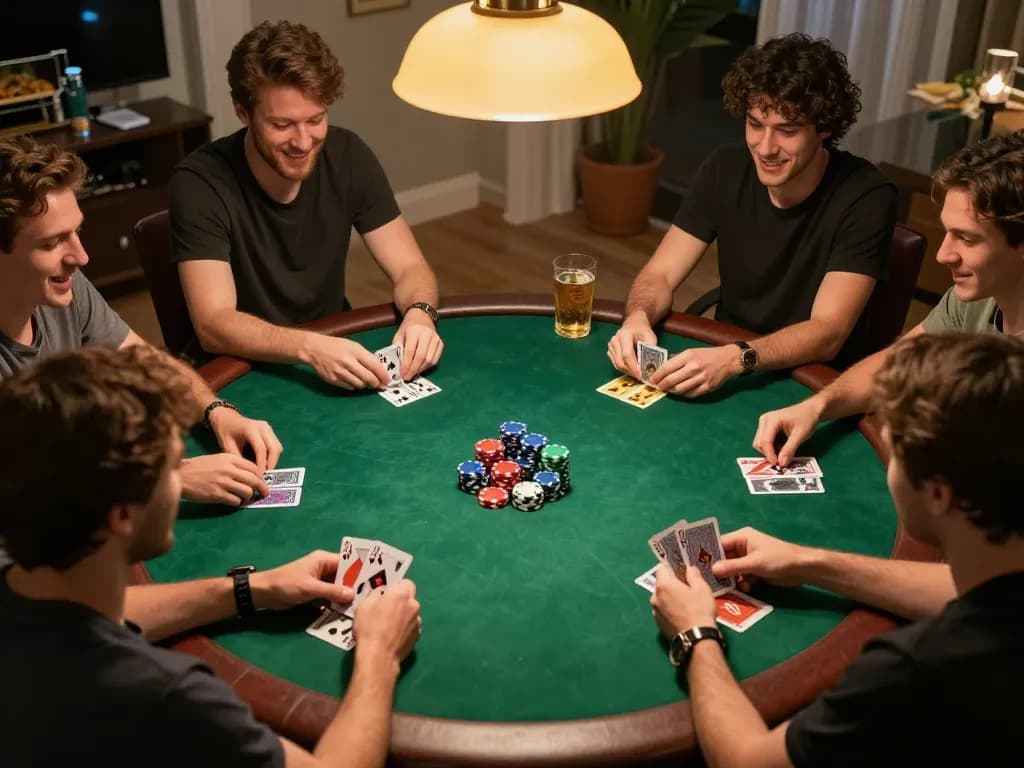 Leci123 site players engaged in intense poker gameplay at home, showcasing strategic moments.