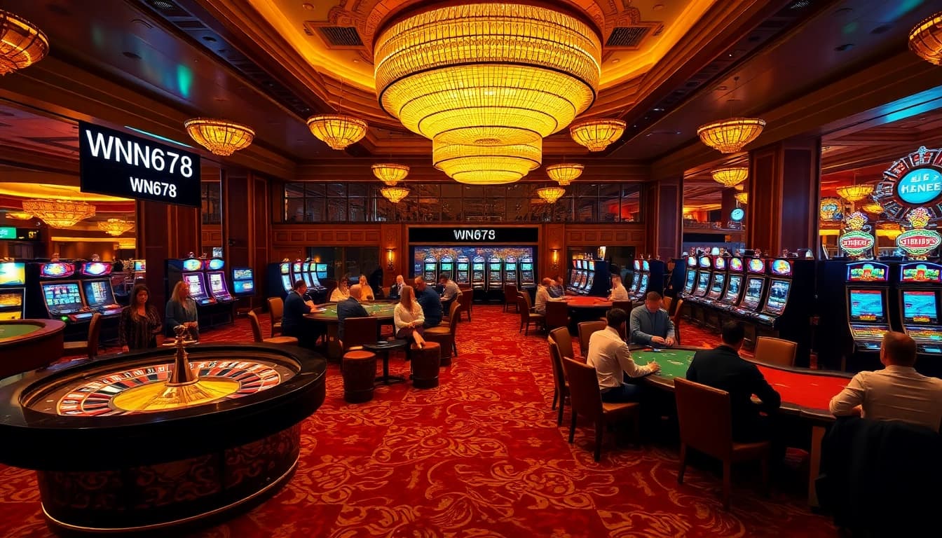 Exciting casino environment with players at poker tables and a roulette wheel, featuring WN678 flight status.
