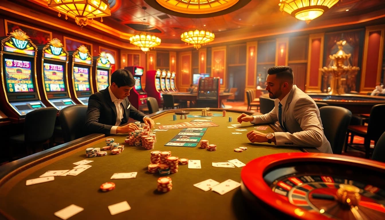 Experience the thrill of winning at https://www.vvjl11.com/ with a vibrant casino scene featuring poker tables and slot machines.