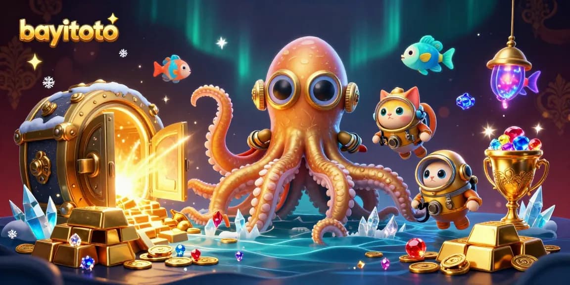 Join bayitoto in a dynamic scene with a kraken and diving cat amidst treasures and casino elements.