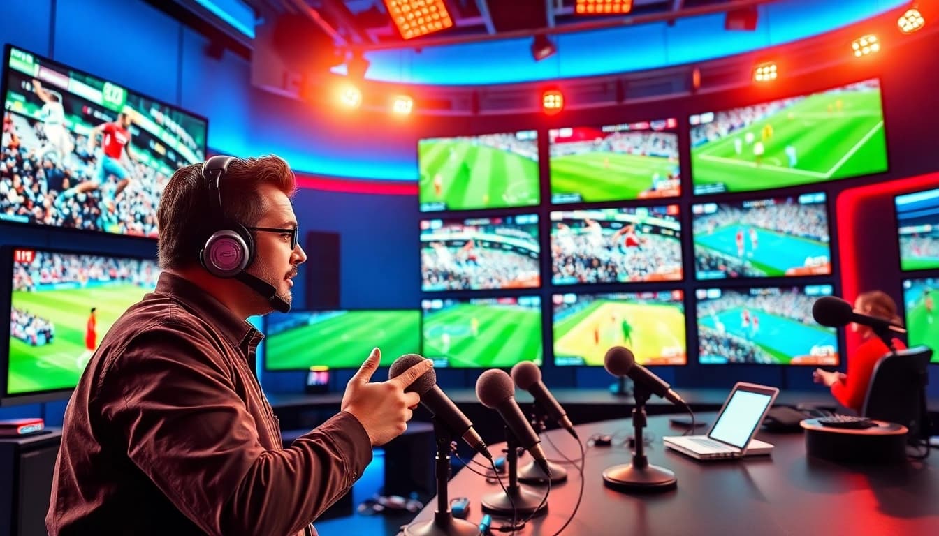 Sports Broadcasting studio with a dynamic host discussing live highlights on multiple screens.