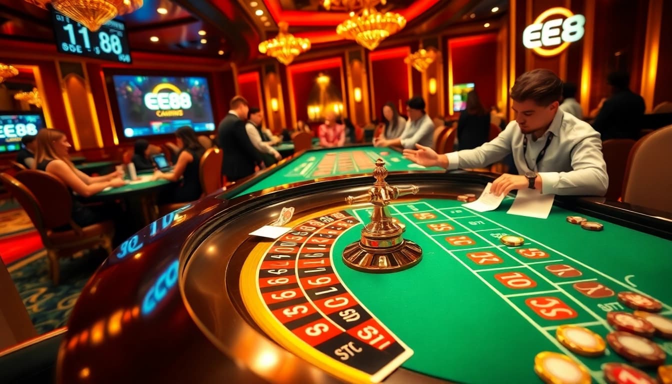 EE88 casino scene with roulette table, vibrant atmosphere, and players engaged in exciting bets.