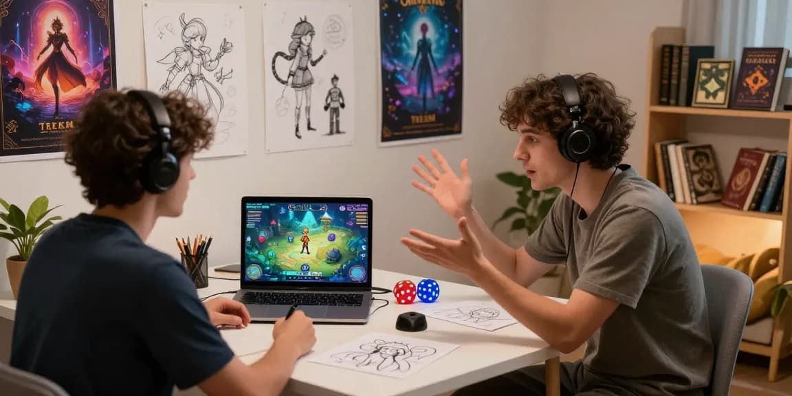 Engaging ai roleplay scene with users roleplaying characters in a creative workspace.