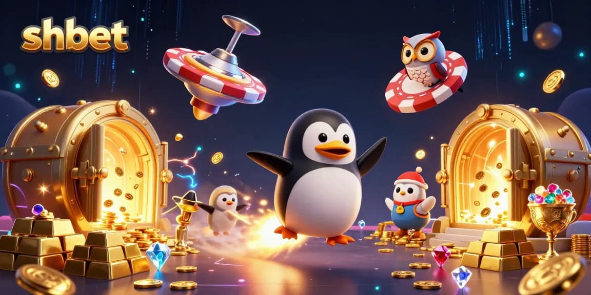 shbet invites players to enjoy a thrilling casino adventure with a golden penguin and treasures.