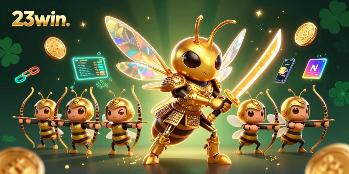 Engage with 23win. in a vibrant casino scene featuring a golden hornet and crypto elements