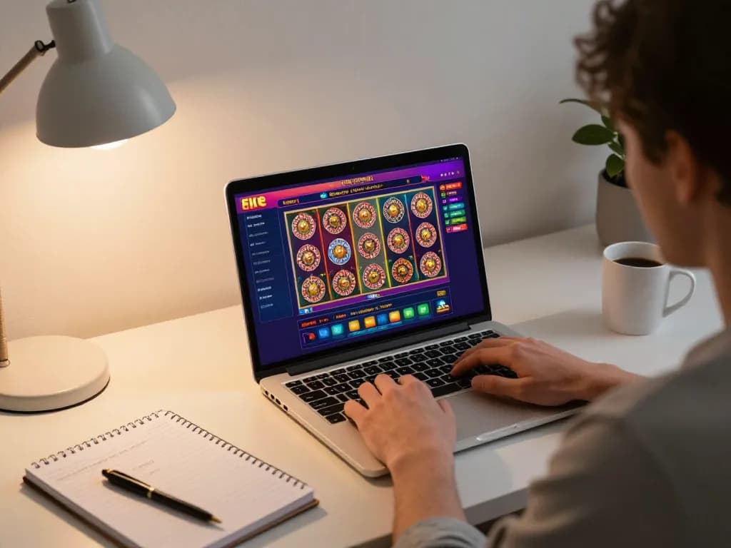 Engaged player at CasinoAtlas exploring online casino options from home, highlighting strategic gameplay.