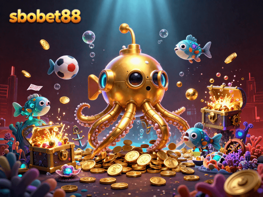 Bet on sbobet88 with excitement through a vibrant underwater scene featuring a golden kraken and mechanical fish.