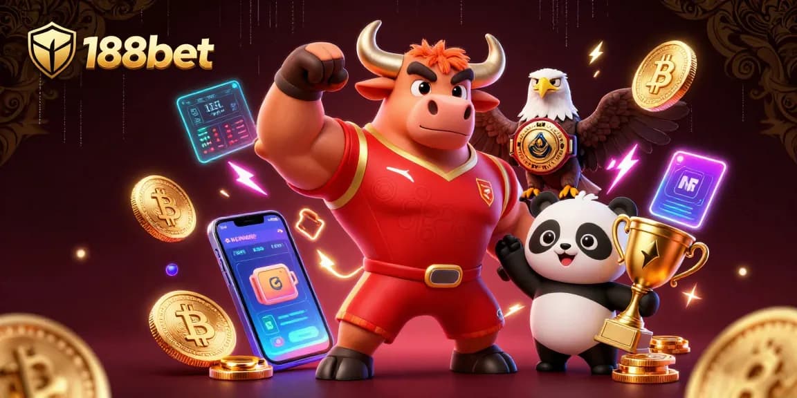 Win big with 188bet's dynamic casino scene featuring a victorious mascot and crypto elements.