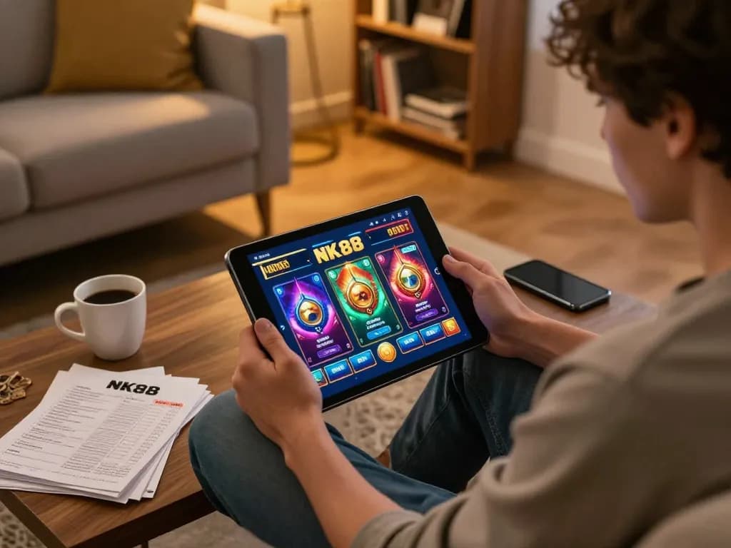 Engaging NK88 online gaming scene with strategy notes and tablet interface.