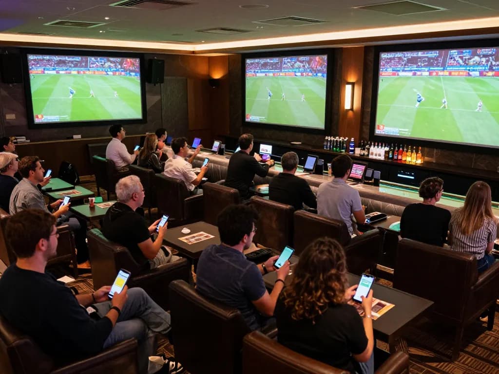 tin soi kèo action at a lively sports betting lounge with fans placing bets and enjoying the game