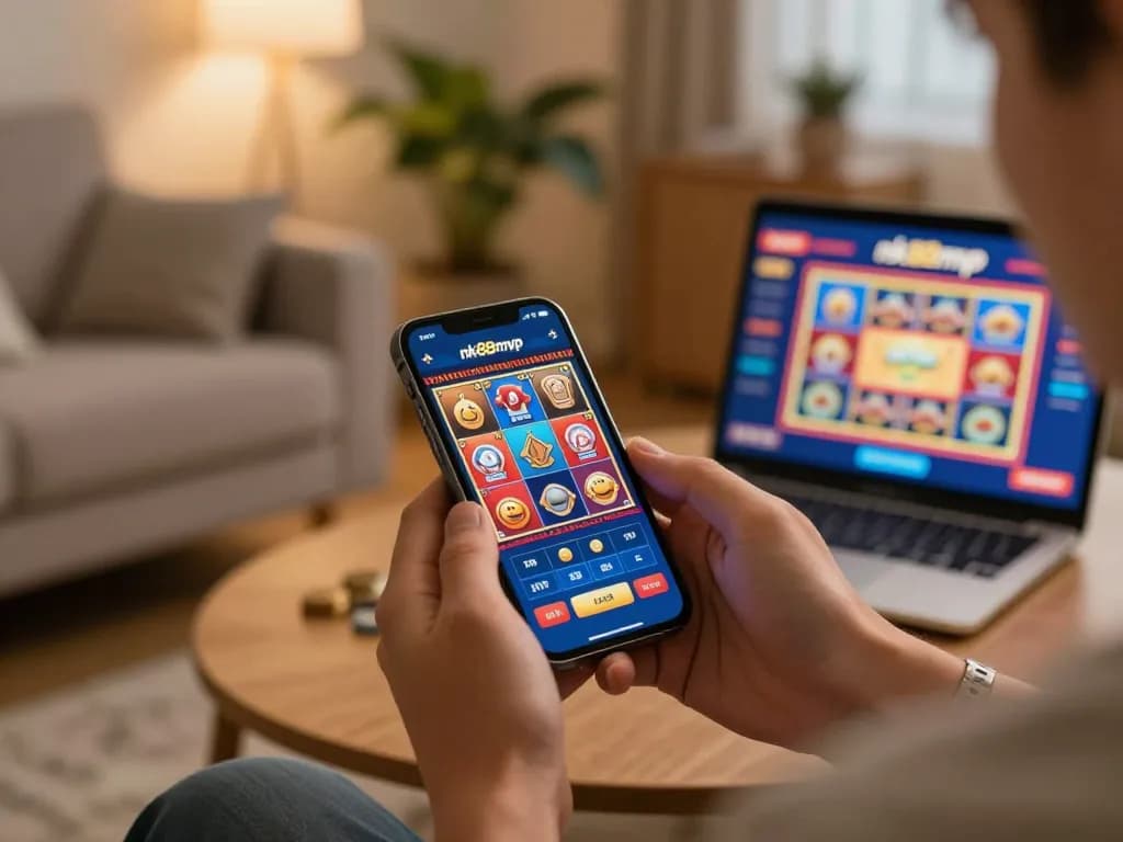 Player engaged on nk88mvp app, showcasing mobile gameplay in a cozy environment.